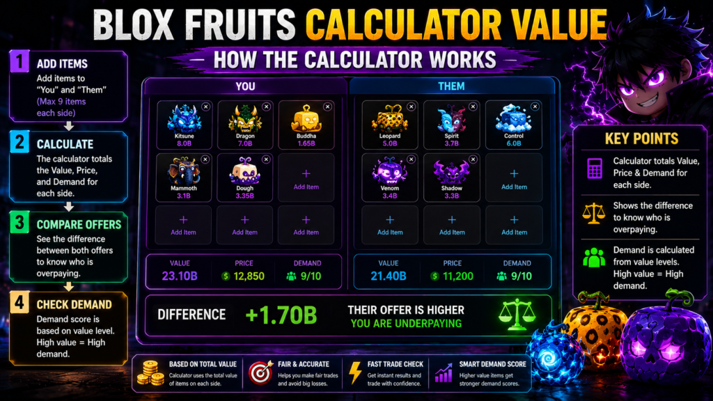 Blox Fruits Calculator Value explaining trade value, demand score, and offer comparison.