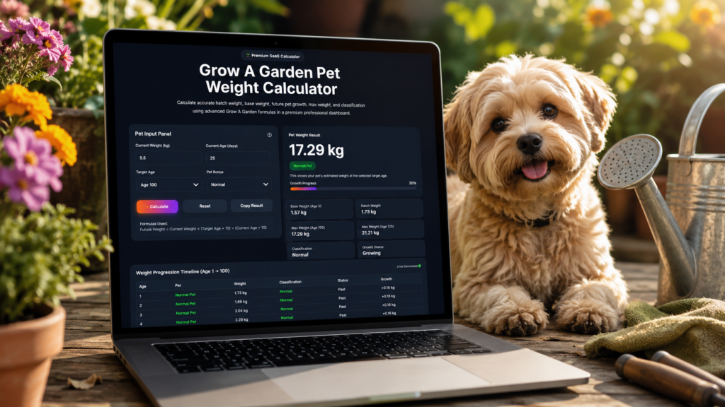 Grow A Garden Pet Weight Calculator dashboard displayed on a laptop beside a cute pet in a realistic garden workspace background.