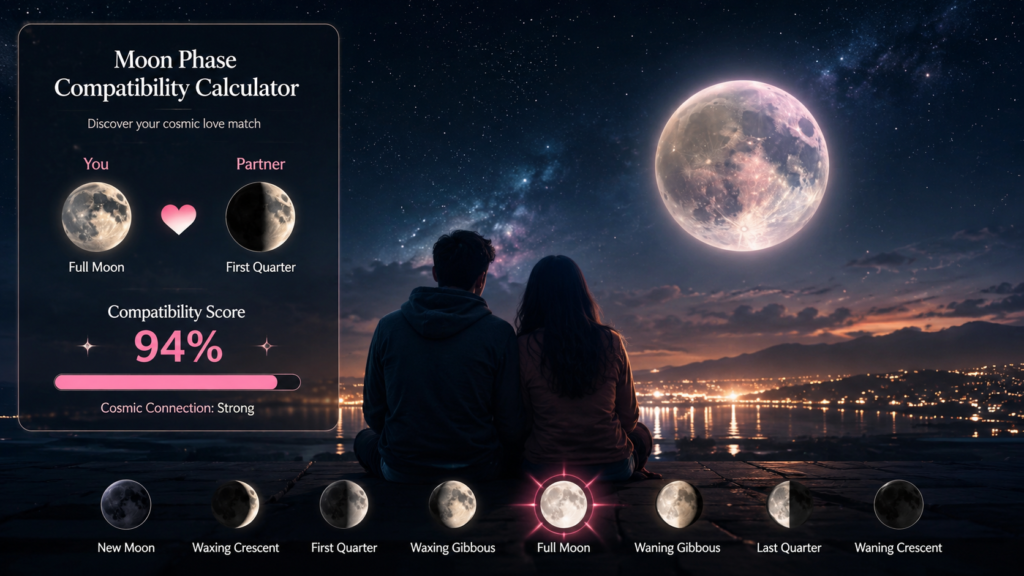 Moon Phase Compatibility Calculator romantic cosmic interface showing couple under full moon with compatibility score and moon phases.