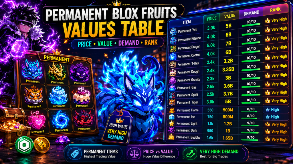 Permanent Blox Fruits Values Table with Dragon, Kitsune, Control and other permanent fruit trade values.