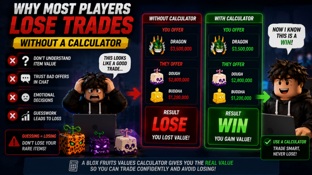 Blox Fruits trading infographic showing how players lose trades without a calculator due to guesswork, emotional decisions, and incorrect value estimates, compared with using a trade calculator to identify fair and profitable trades.