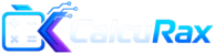 CalcuRax futuristic calculator logo with blue and purple neon design.