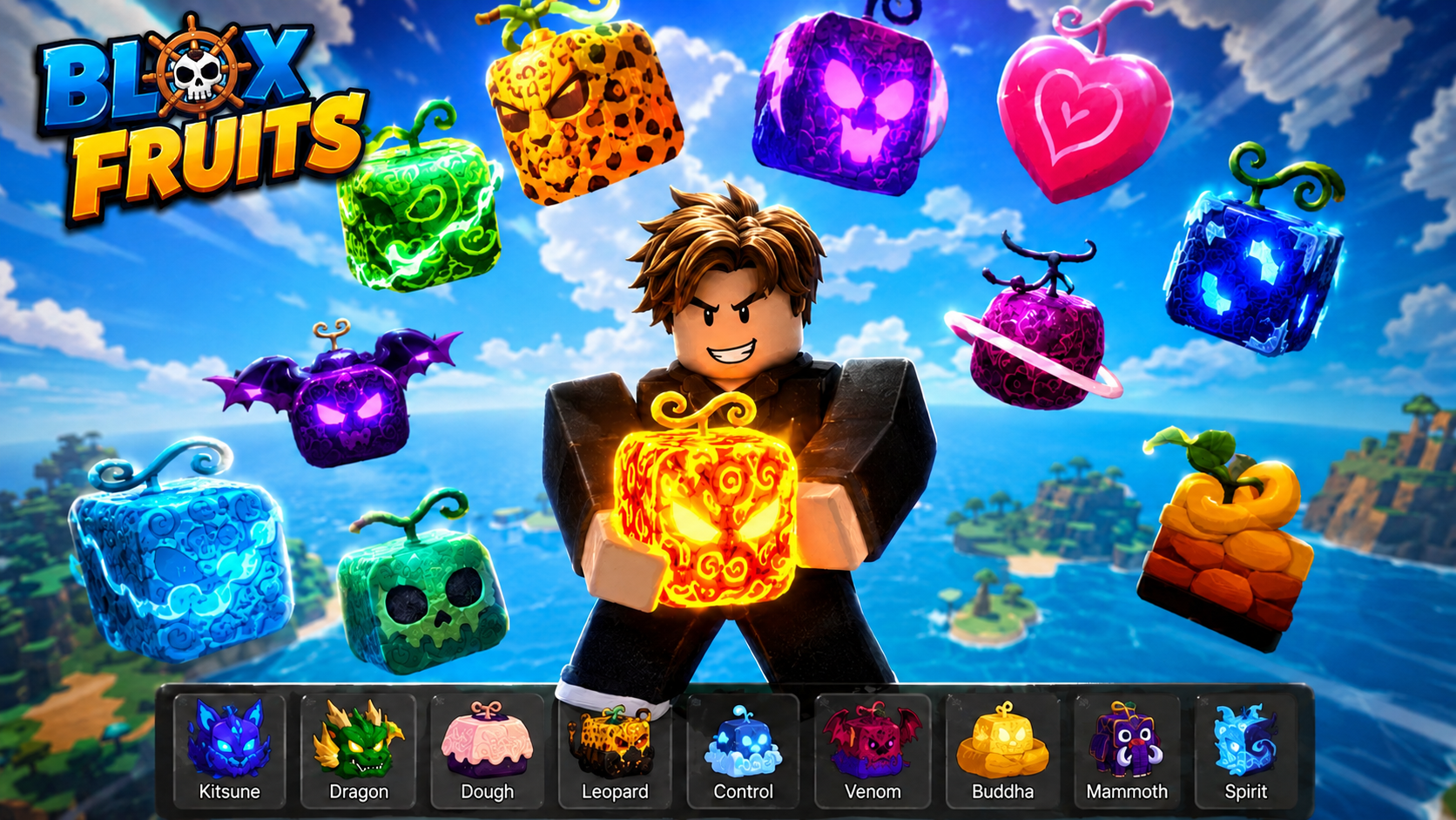 Fruits in Blox Fruits guide featuring popular fruits like Dragon, Kitsune, Dough, Buddha, and other powerful fruits floating around a Roblox character.