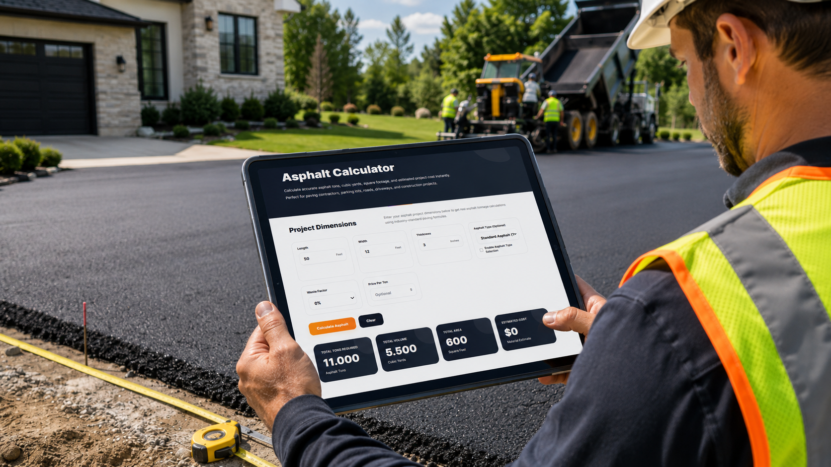 Construction worker using an asphalt calculator on a tablet to estimate tons, cubic yards, square footage, and paving project cost