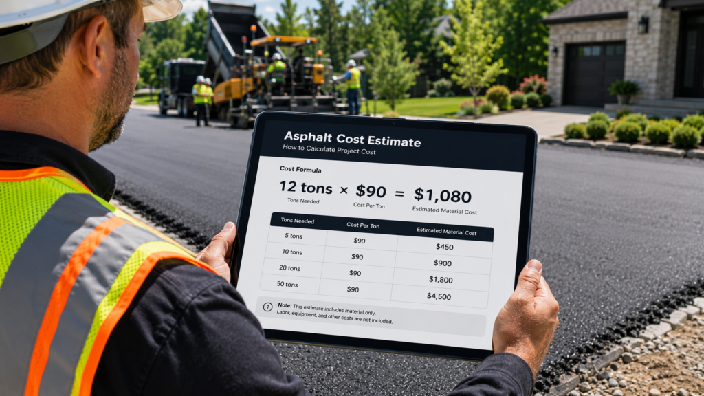 Construction worker reviewing an asphalt cost estimate on a tablet during a paving project