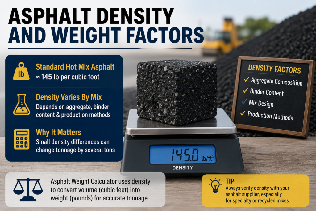 Asphalt density and weight factors chart showing standard hot mix asphalt density of 145 lb per cubic foot, density variations by mix design, and asphalt weight calculator for accurate tonnage estimation.