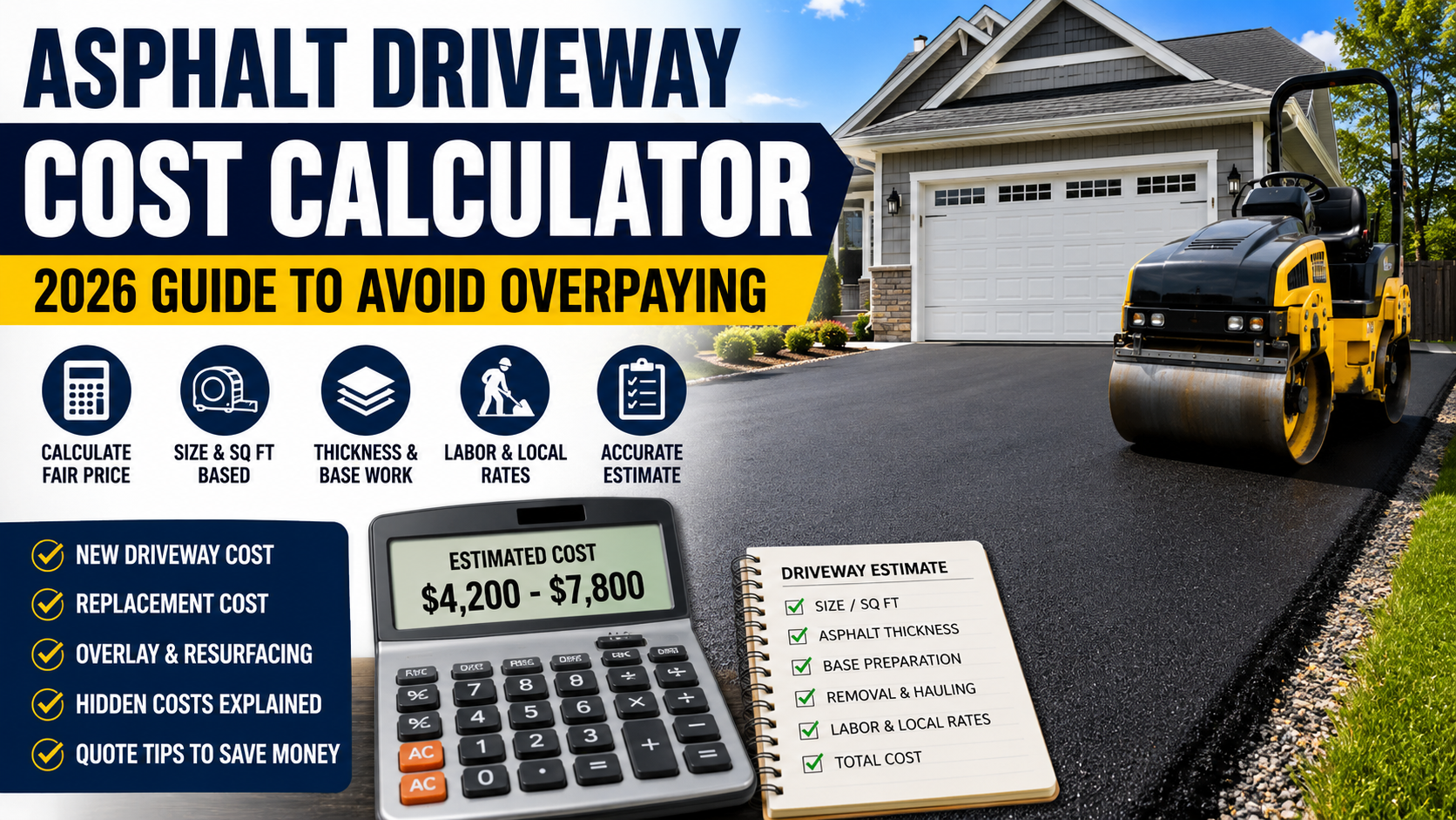 Asphalt Driveway Cost Calculator 2026 showing a modern blacktop driveway, paving roller machine, and estimated asphalt paving costs for homeowners.