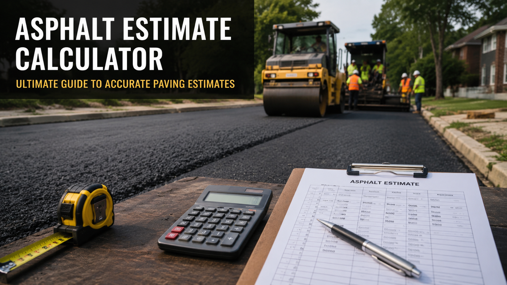 Asphalt Estimate Calculator showing road paving construction, asphalt roller machines, workers, measuring tape, and calculator used for accurate asphalt tonnage, volume, and paving cost estimates.