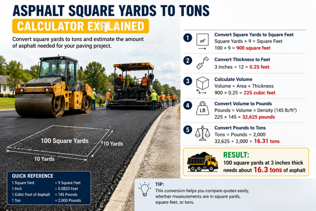 Asphalt Square Yards to Tons Calculator explaining how to convert square yards into asphalt tons with step-by-step calculations