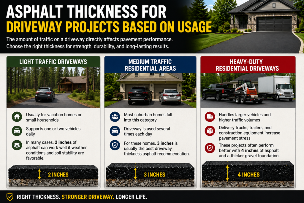 Infographic showing recommended asphalt thickness for driveway projects based on usage, including 2-inch asphalt for light traffic driveways, 3-inch asphalt for medium residential traffic, and 4-inch asphalt for heavy-duty driveways with trucks, trailers, and construction equipment.