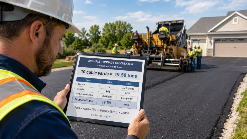 Construction worker using an asphalt tonnage calculator to convert cubic yards of asphalt into tons at a paving site