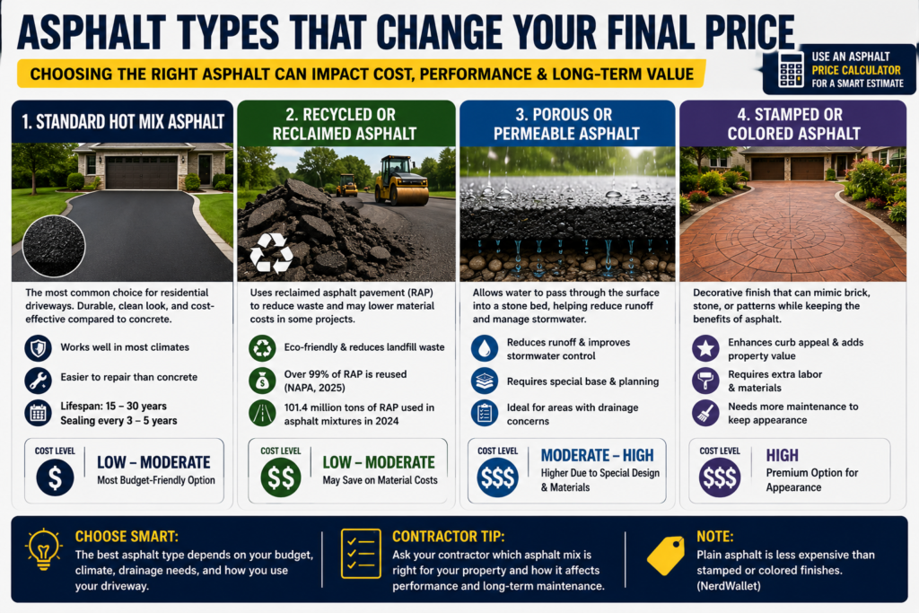 Asphalt Types That Change Your Final Price infographic comparing standard hot mix, recycled, porous, and stamped asphalt options for residential driveways with cost and maintenance details.