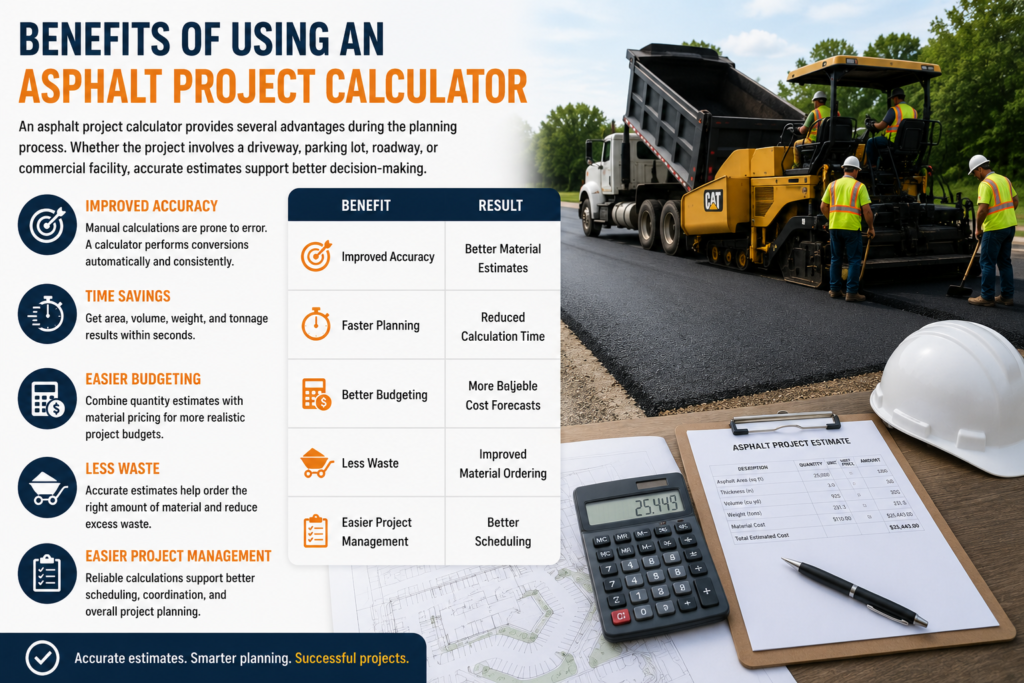 Benefits of using an asphalt project calculator infographic showing road paving construction, asphalt calculator, project planning tools, and key benefits including improved accuracy, faster planning, better budgeting, reduced waste, and easier project management.