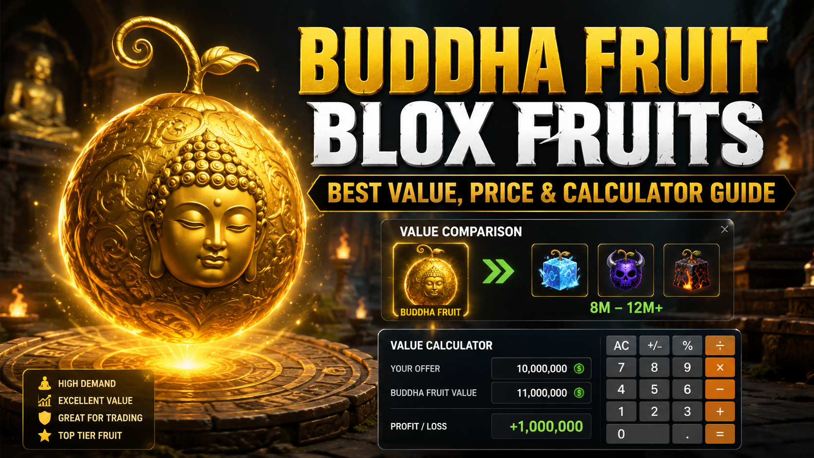 Golden Buddha Fruit Blox Fruits thumbnail showing value, price, trade comparison, and calculator guide
