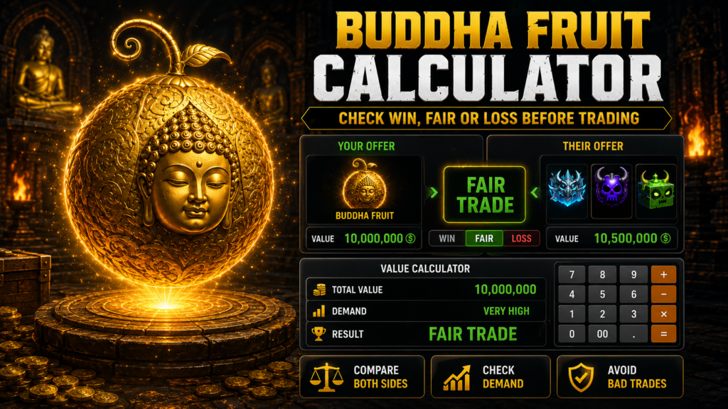 Buddha Fruit Calculator showing Win, Fair or Loss trade comparison in Blox Fruits