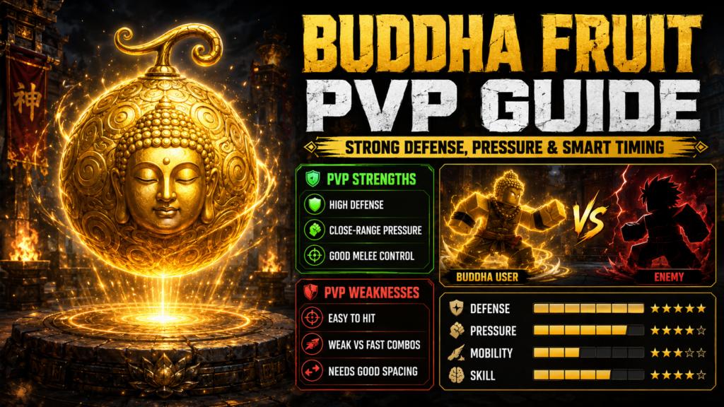 Buddha Fruit PvP Guide showing defense, pressure, weaknesses, and battle stats in Blox Fruits