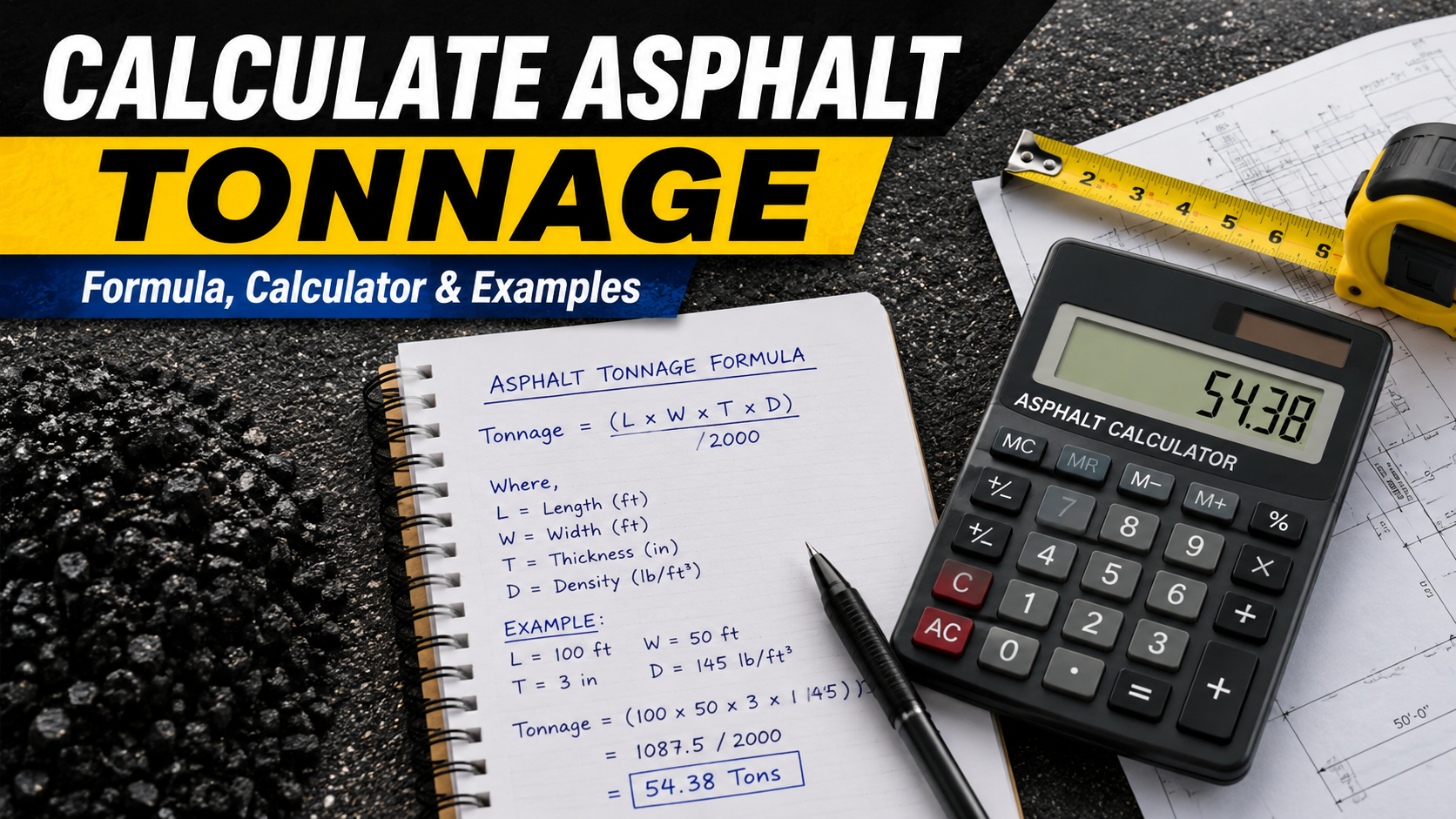 Calculate Asphalt Tonnage calculator showing asphalt tonnage formula, measurements, and cost estimation for driveway, road, and parking lot paving projects.