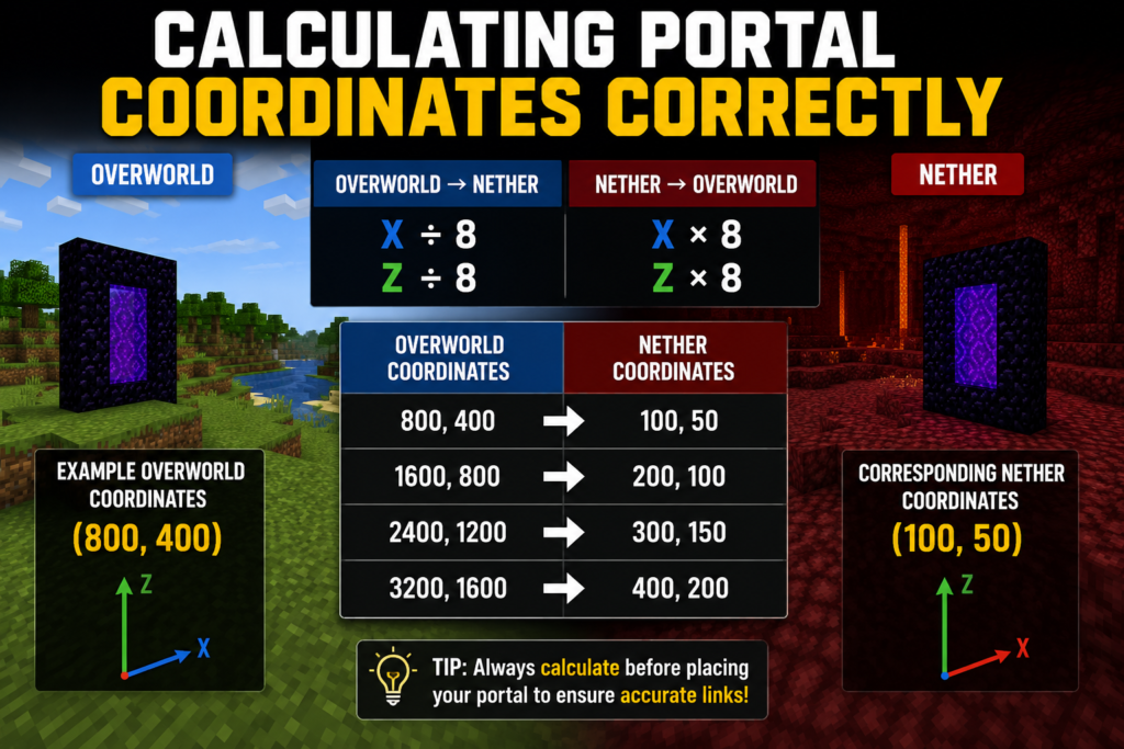 Minecraft portal coordinate conversion chart showing Overworld to Nether calculations using the 8:1 portal linking ratio.