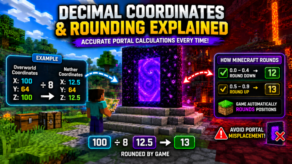 Minecraft nether portal coordinate conversion showing decimal values, rounding example, and overworld-to-nether portal calculation.