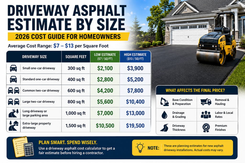 Driveway Asphalt Estimate by Size infographic showing asphalt driveway cost estimates by square footage for small, standard, and large residential driveways in 2026.