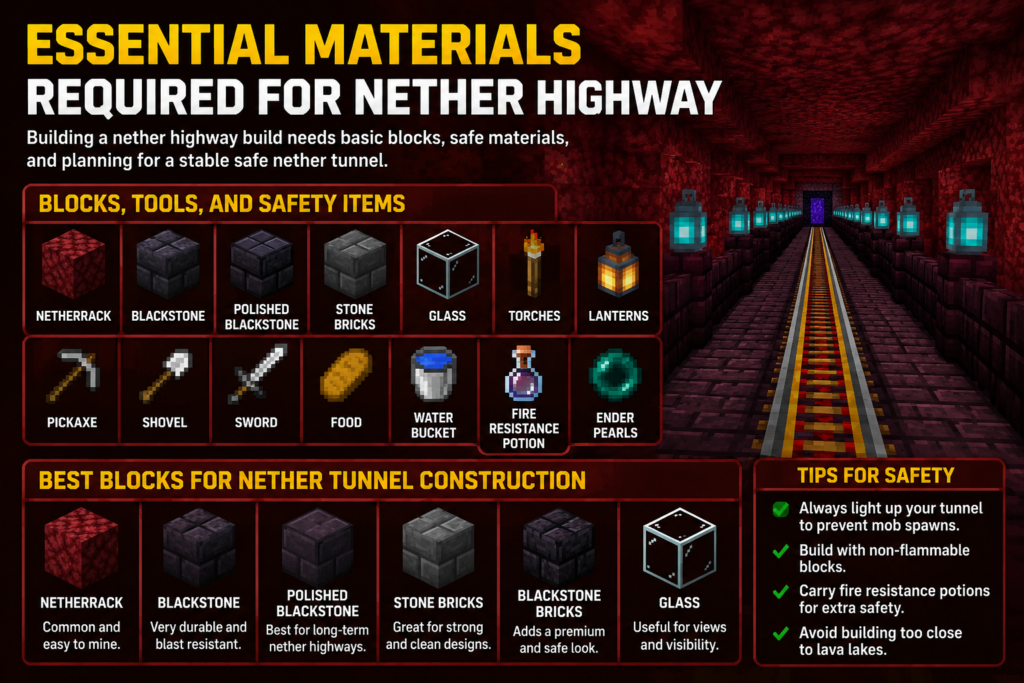 Minecraft Nether Highway essential materials guide showing blocks, tools, and safety items needed for nether tunnel construction, including blackstone, stone bricks, lanterns, fire resistance potions, and a secure nether transportation tunnel with portal network design.