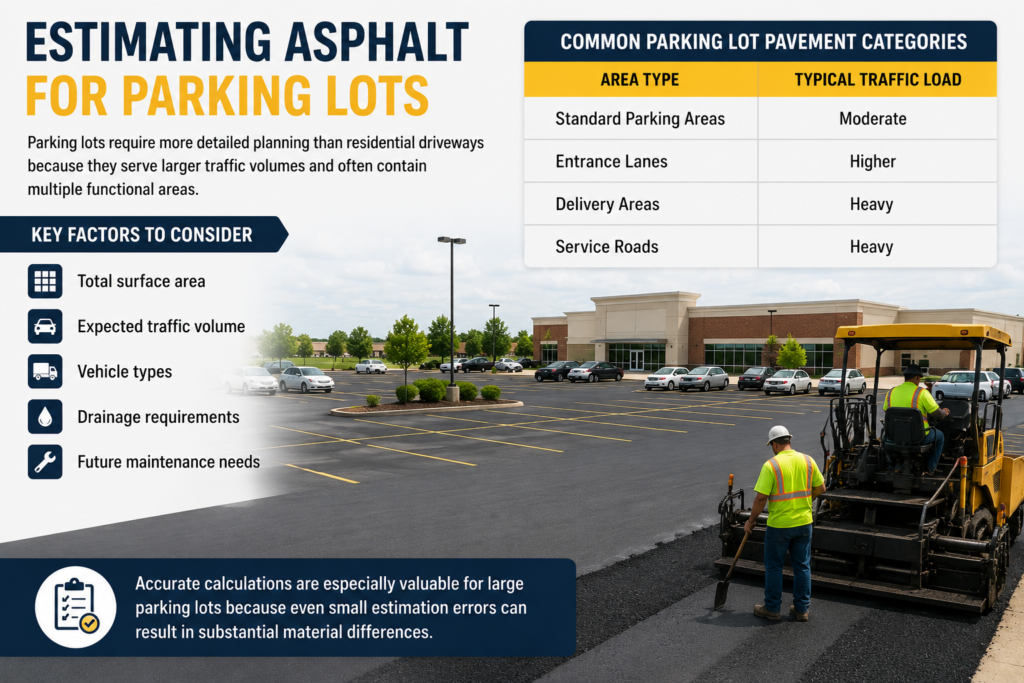 Estimating asphalt for parking lots infographic showing parking lot paving project, asphalt construction equipment, traffic load categories, and key factors including surface area, vehicle types, drainage requirements, and traffic volume.