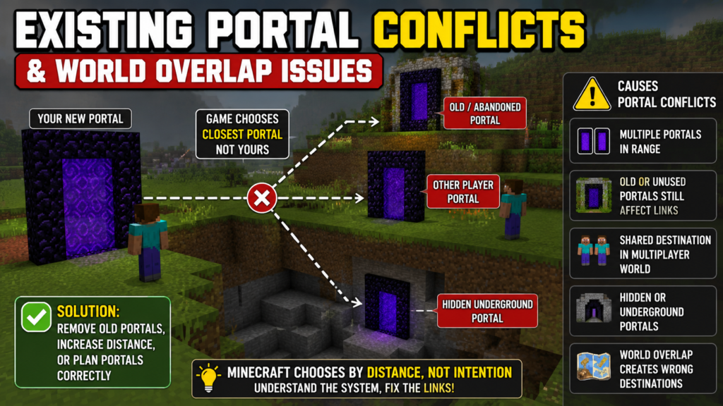 Minecraft Nether portal conflict infographic showing multiple portals linking incorrectly because of old, hidden, and nearby portals, explaining world overlap issues and wrong portal destinations in multiplayer and survival worlds.