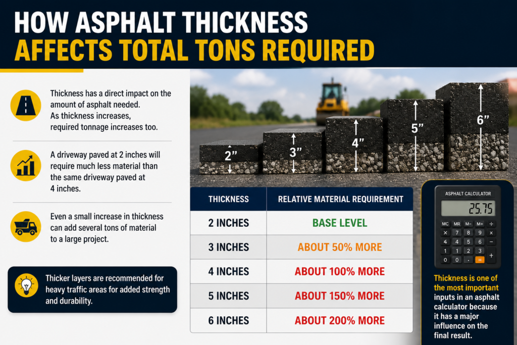 How asphalt thickness affects total tons required infographic showing 2-inch to 6-inch asphalt layers, material requirement increases, and asphalt tonnage calculator for accurate paving estimates.