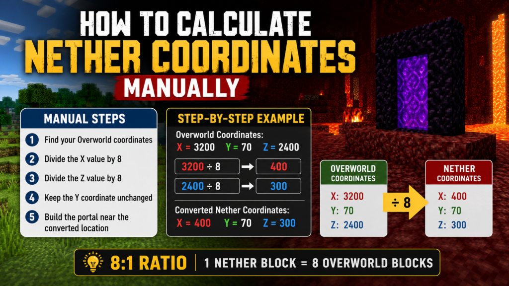 Minecraft manual Nether coordinate calculation guide showing Overworld coordinates converting into Nether portal coordinates using the divide-by-8 formula, with realistic Minecraft environments, portal linking visuals, and a step-by-step coordinate conversion example in a cinematic thumbnail design.