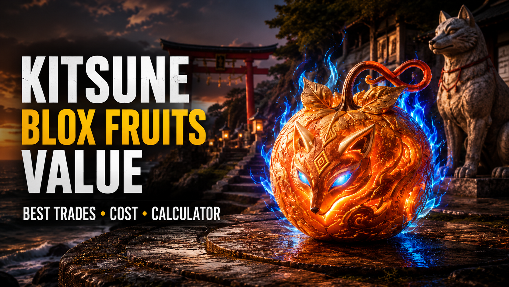 Kitsune Blox Fruits value thumbnail showing glowing Kitsune fruit, shrine, best trades, cost and calculator guide