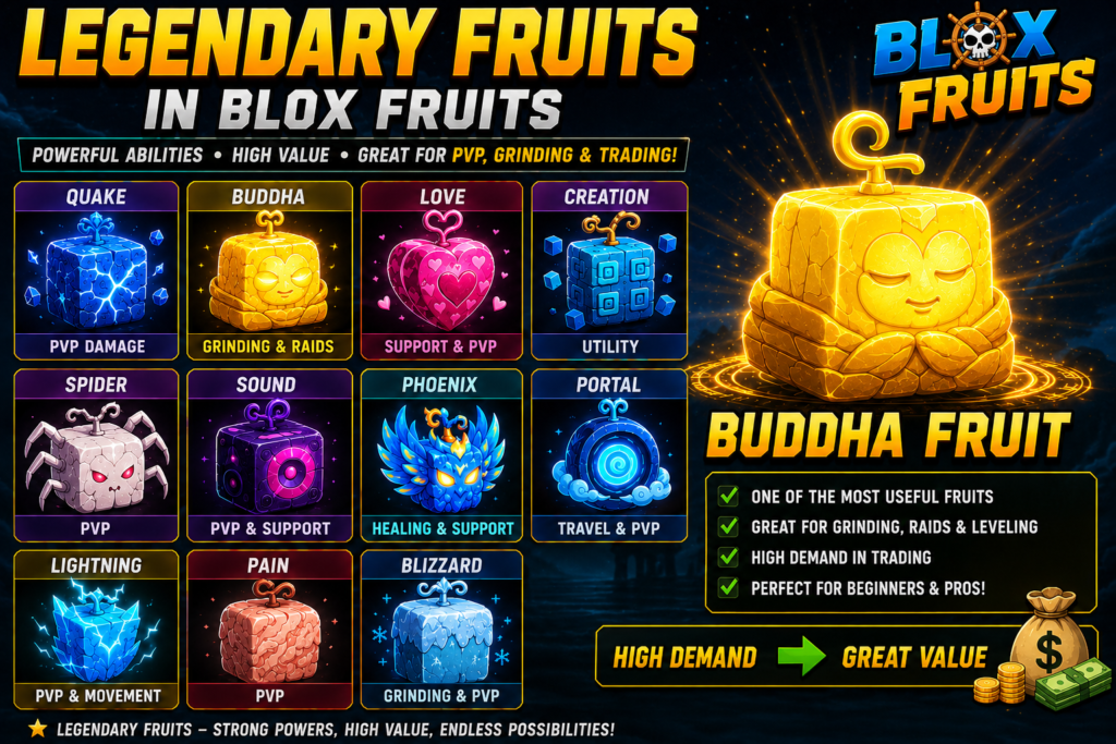Legendary Fruits in Blox Fruits featuring Buddha, Portal, Blizzard, Phoenix, Lightning, Love, Spider, and other legendary fruits with their uses for PvP, grinding, trading, and raids.