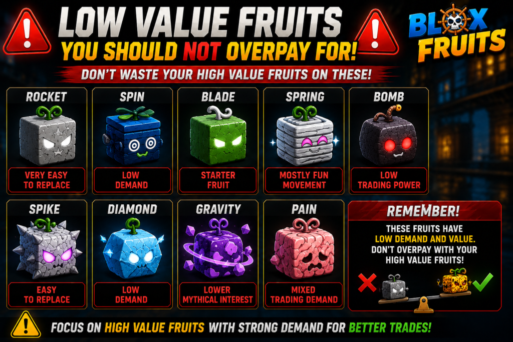 Low Value Fruits in Blox Fruits including Rocket, Spin, Blade, Spring, Bomb, Spike, Diamond, Gravity, and Pain, highlighting low demand and why players should avoid overpaying in trades.