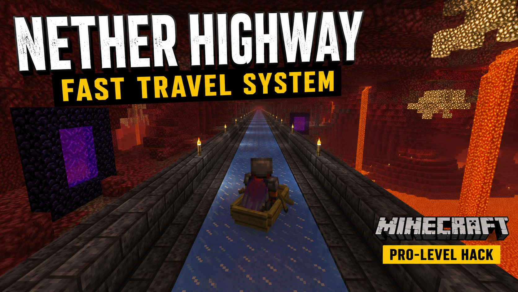 Minecraft Nether Highway Fast Travel System showing a long icy nether tunnel inside the Nether dimension with portals, lava surroundings, and a player riding a boat for efficient long-distance travel.