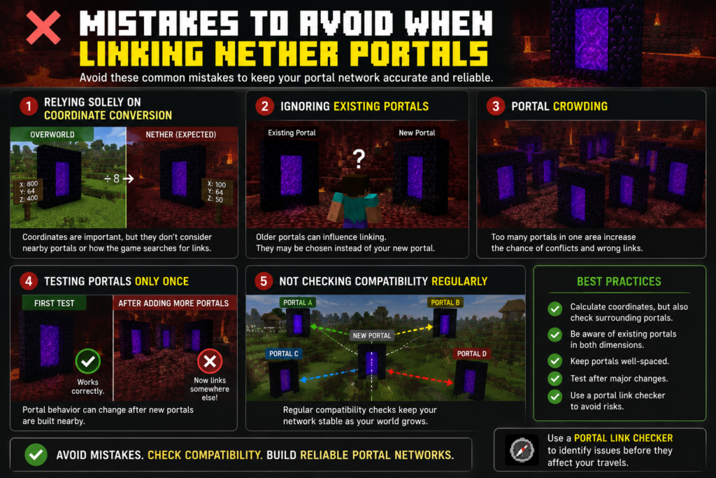 Infographic showing common mistakes to avoid when linking Nether Portals in Minecraft, including coordinate conversion errors, existing portal conflicts, portal crowding, insufficient testing, and compatibility checks.