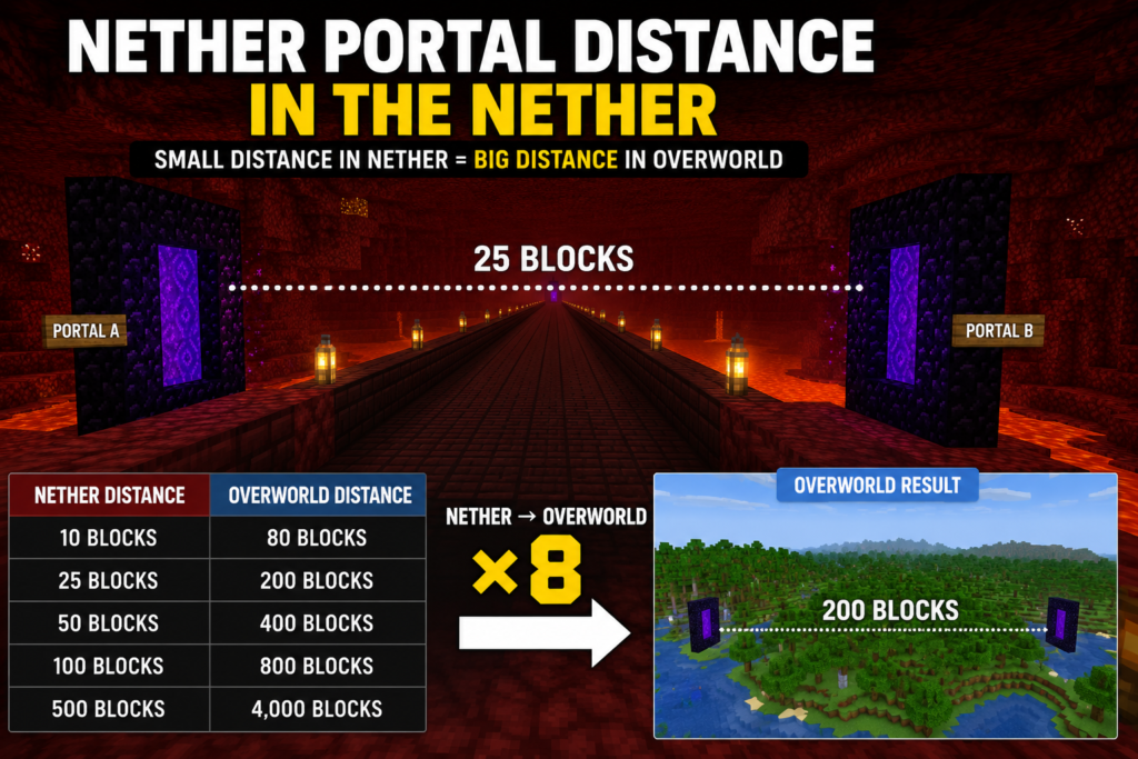 Minecraft Nether travel distance comparison showing how small Nether movement equals large Overworld travel using the 8:1 portal ratio.
