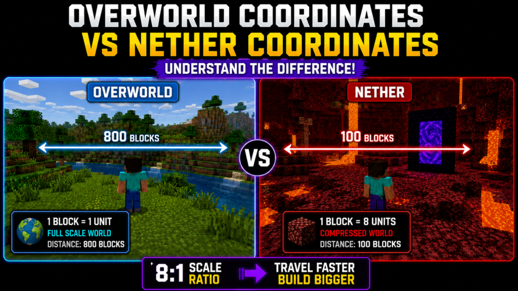 Minecraft Overworld vs Nether coordinates comparison showing 8:1 scale ratio, compressed Nether travel distances, and faster long-distance movement through Nether portals.
