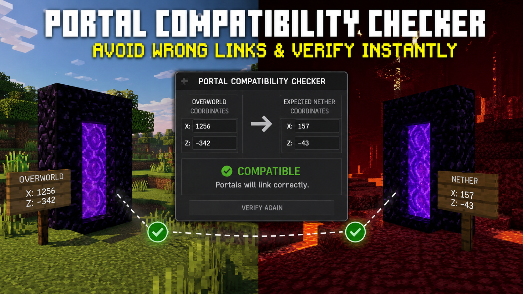 Portal Compatibility Checker thumbnail showing Minecraft Overworld and Nether portals with coordinate conversion, portal linking verification, and compatibility check interface for accurate Nether portal connections.