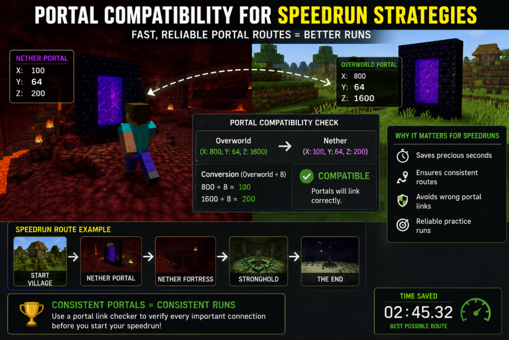 Minecraft speedrun strategy scene showing Nether portal travel optimization, portal compatibility checker results, and accurate portal linking for faster routes, consistent world seed practice, and efficient speedrunning.