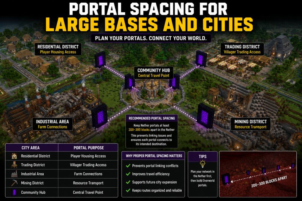Minecraft city portal network showing organized Nether portal spacing for large bases, districts, and fast travel routes.