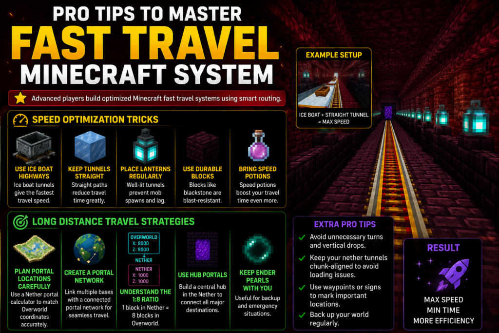 Minecraft fast travel system guide showing pro tips for Nether Highway speed optimization, ice boat tunnels, portal network planning, long distance travel strategies, and efficient Nether transportation routes for faster world navigation.