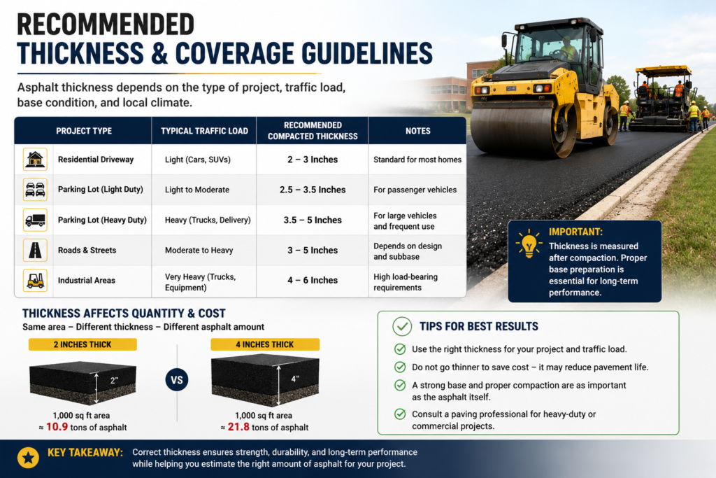 Recommended Thickness & Coverage Guidelines chart showing ideal asphalt thickness for driveways, parking lots, roads, and heavy-duty paving projects