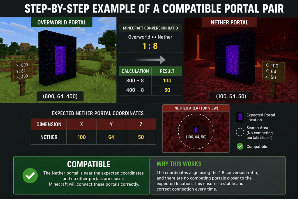 Compatible Nether portal pair example showing Overworld portal coordinates (800, 64, 400) converted to Nether coordinates (100, 64, 50) with successful Minecraft portal linking and correct portal connection visualization.