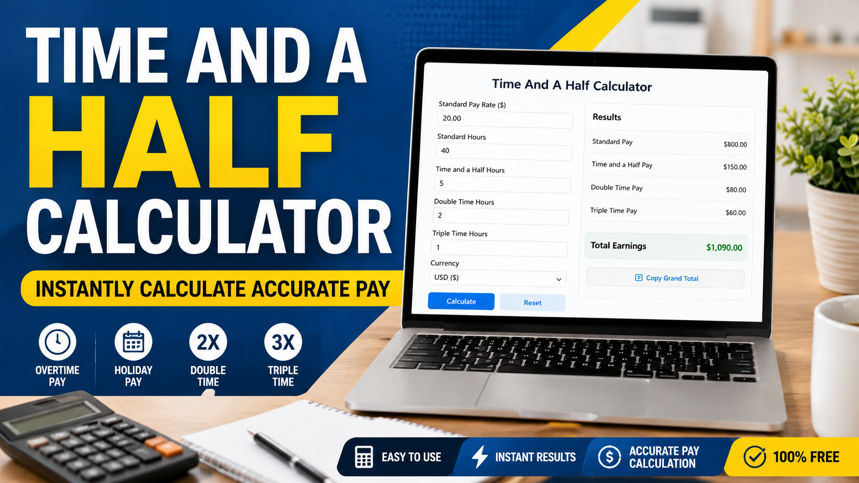 Time and a Half Calculator thumbnail showing laptop calculator tool for overtime pay, holiday pay, double time, triple time, and accurate earnings.