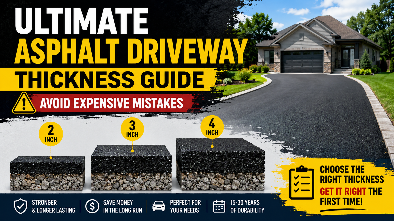 Asphalt driveway thickness guide showing 2 inch, 3 inch, and 4 inch asphalt comparison