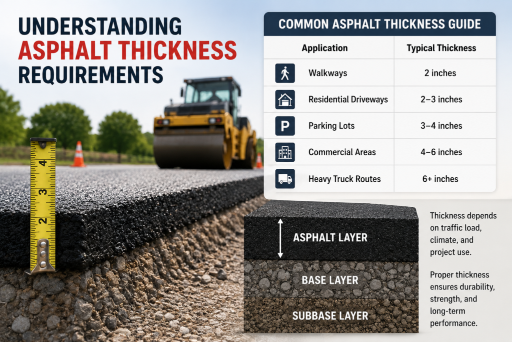 Asphalt thickness requirements chart showing recommended pavement thickness for walkways, residential driveways, parking lots, commercial areas, and heavy truck routes with asphalt layer cross-section diagram.