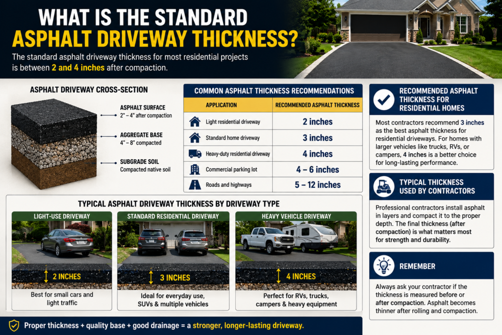 Standard asphalt driveway thickness chart showing 2 inch, 3 inch, and 4 inch driveway examples