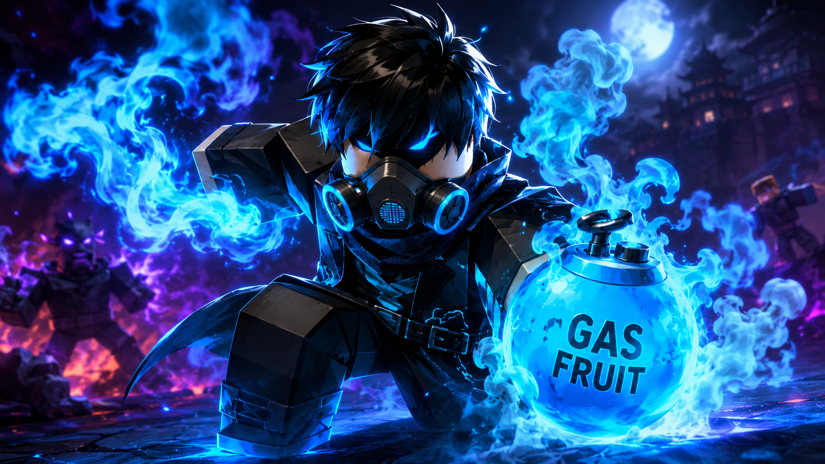 Gas Fruit Blox Fruits surrounded by glowing blue gas energy during a combat scene.